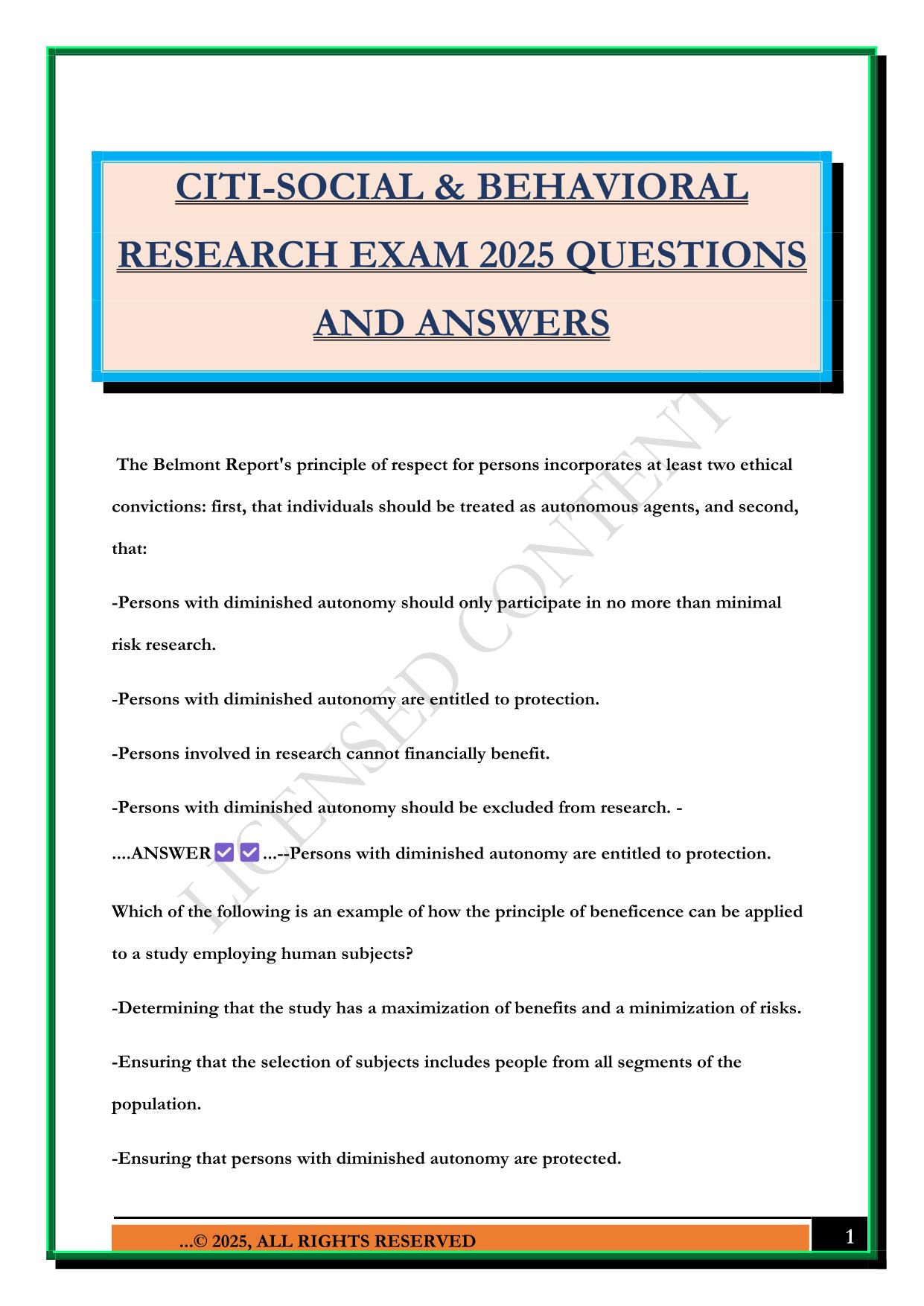 CITI-SOCIAL & BEHAVIORAL RESEARCH EXAM 2025 QUESTIONS AND ANSWERS