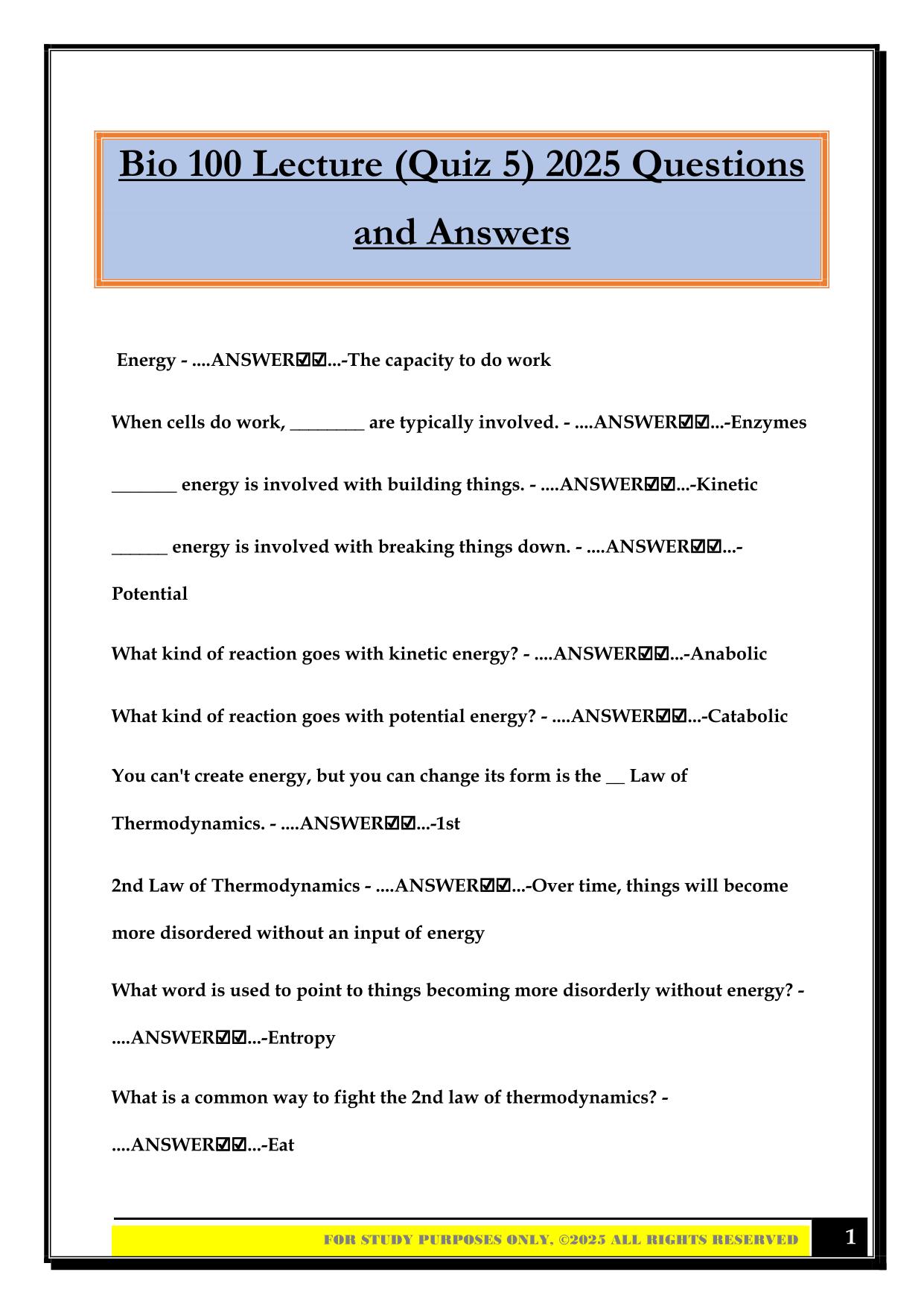 Bio 100 Lecture (Quiz 5) 2025 Questions and Answers