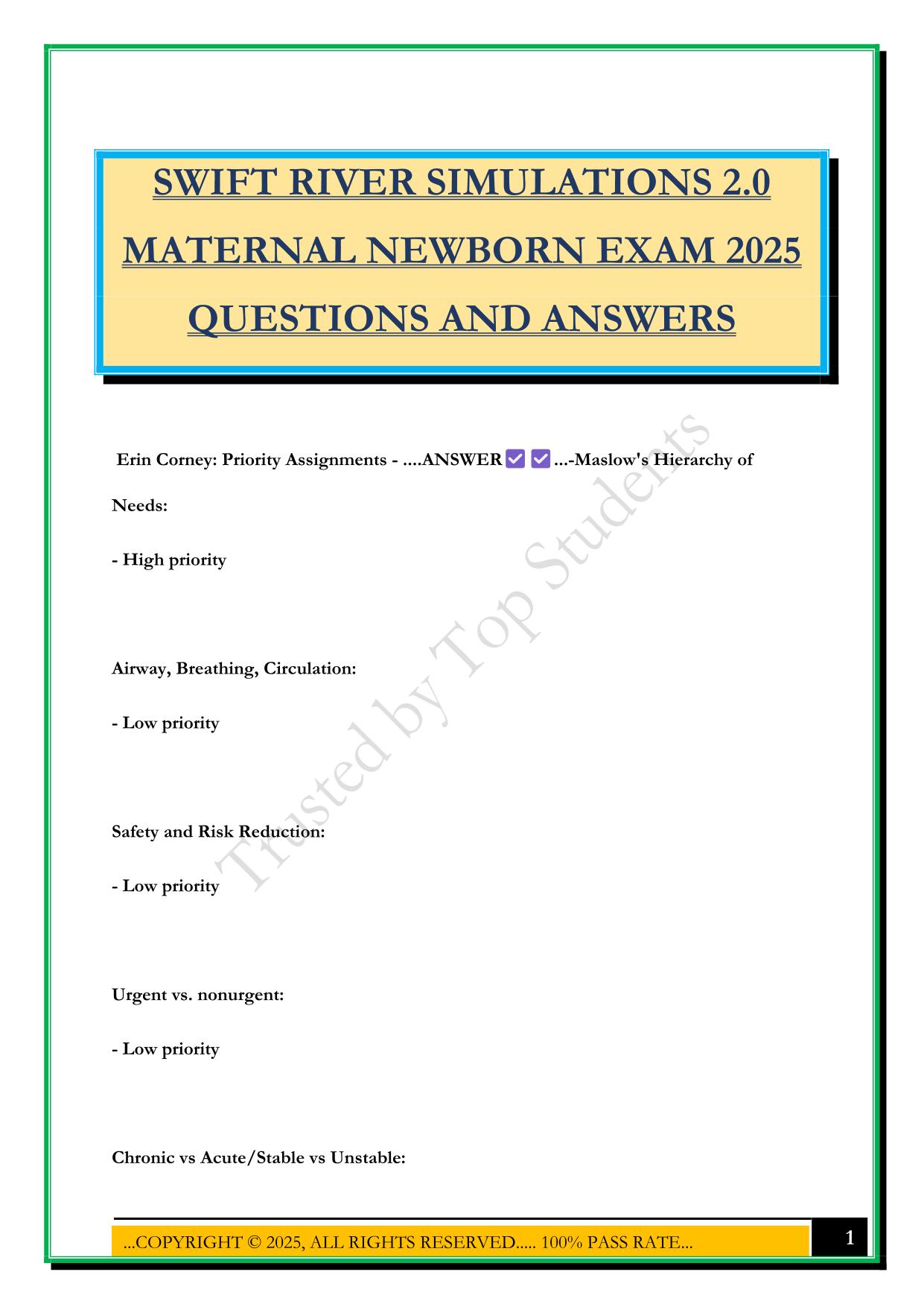 SWIFT RIVER SIMULATIONS 2.0 MATERNAL NEWBORN EXAM 2025 QUESTIONS AND ANSWERS