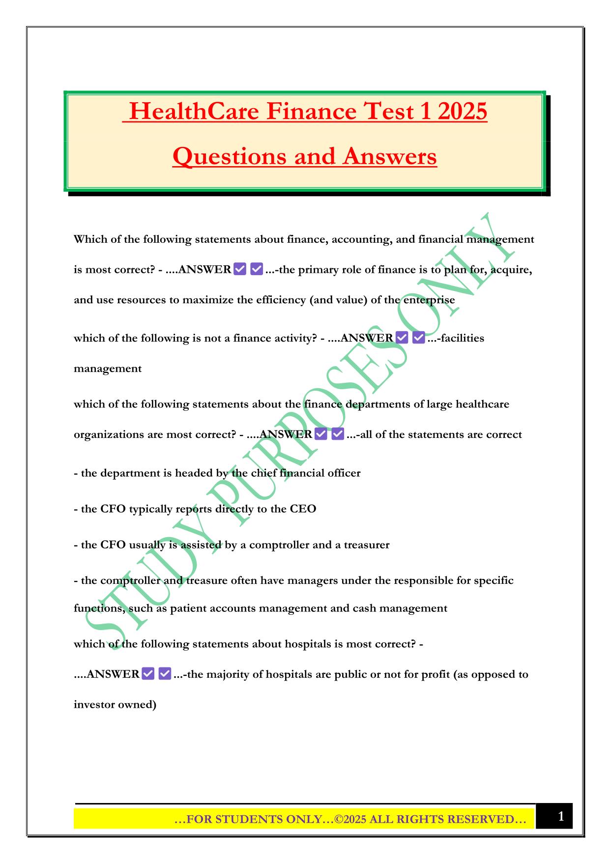 HealthCare Finance Test 1 2025 Questions and Answers
