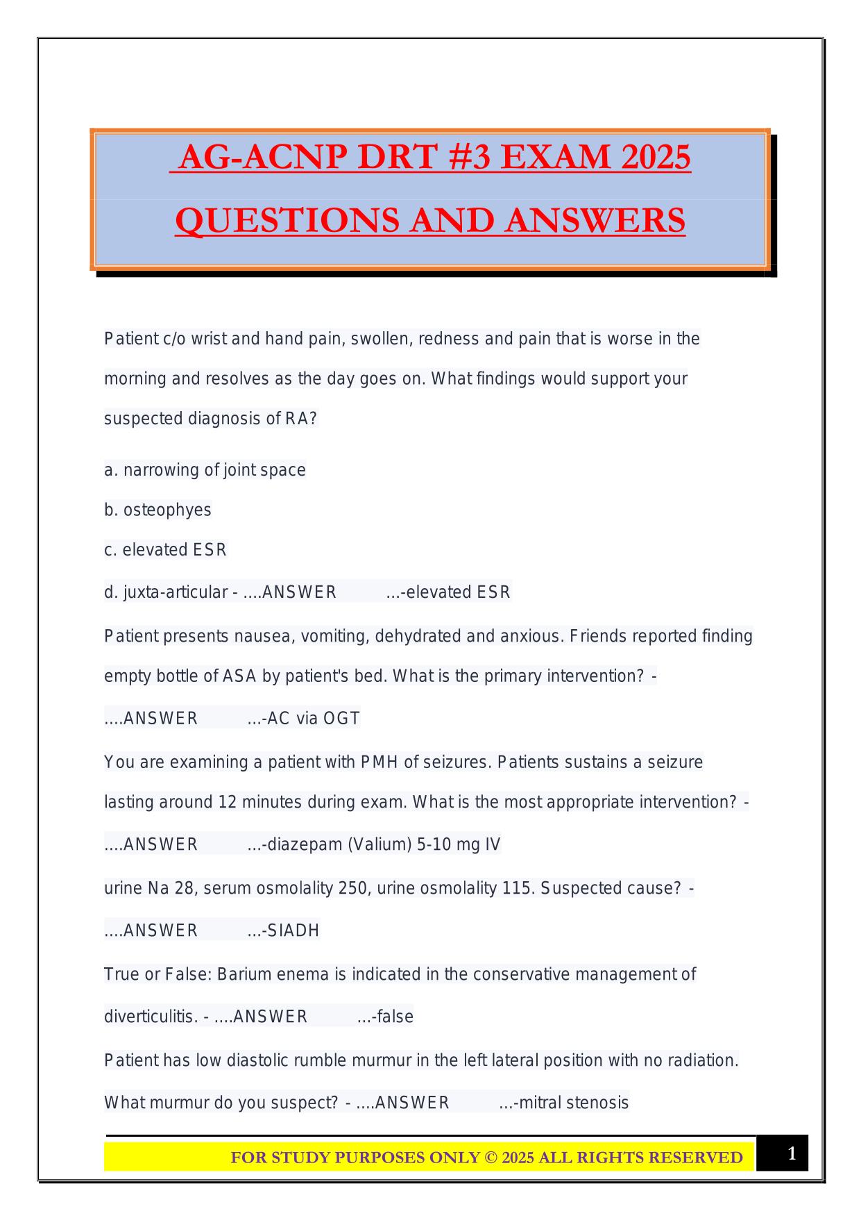 AG-ACNP DRT #3 EXAM 2025 QUESTIONS AND ANSWERS