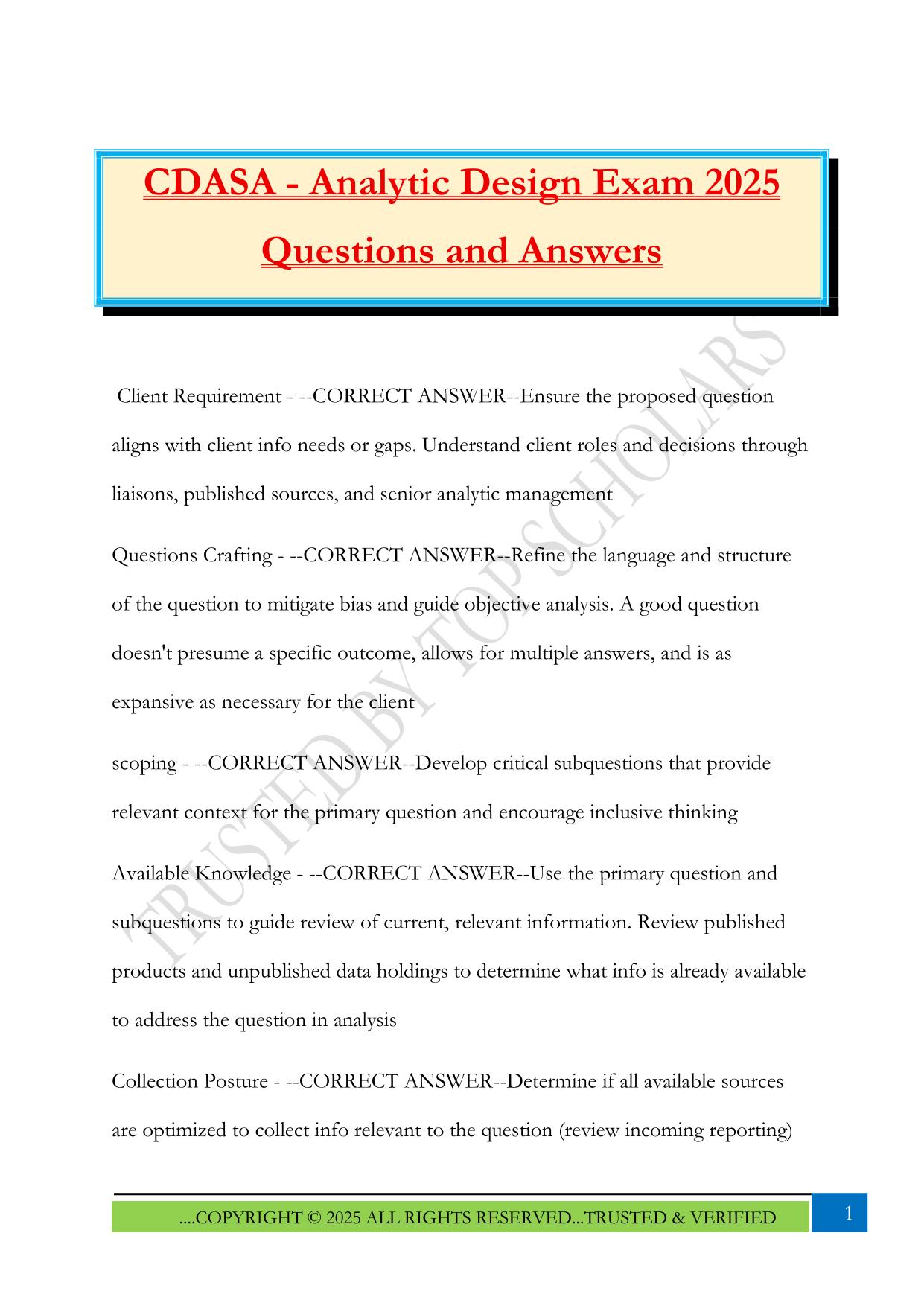 CDASA - Analytic Design Exam 2025 Questions and Answers