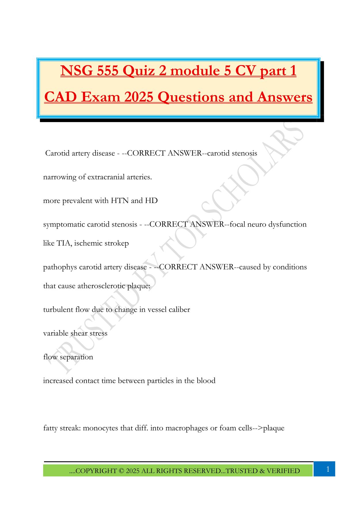NSG 555 Quiz 2 module 5 CV part 1 CAD Exam 2025 Questions and Answers