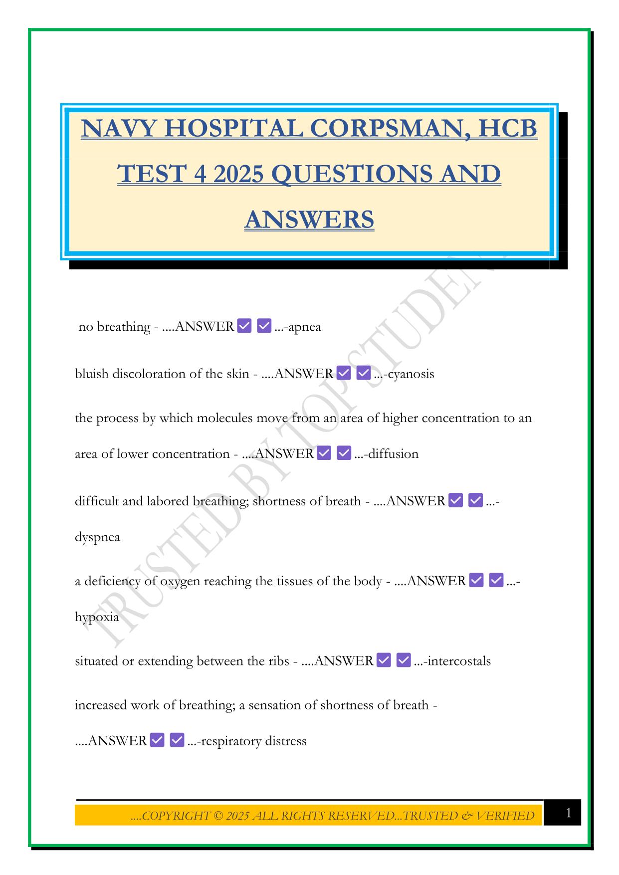 NAVY HOSPITAL CORPSMAN, HCB TEST 4 2025 QUESTIONS AND ANSWERS
