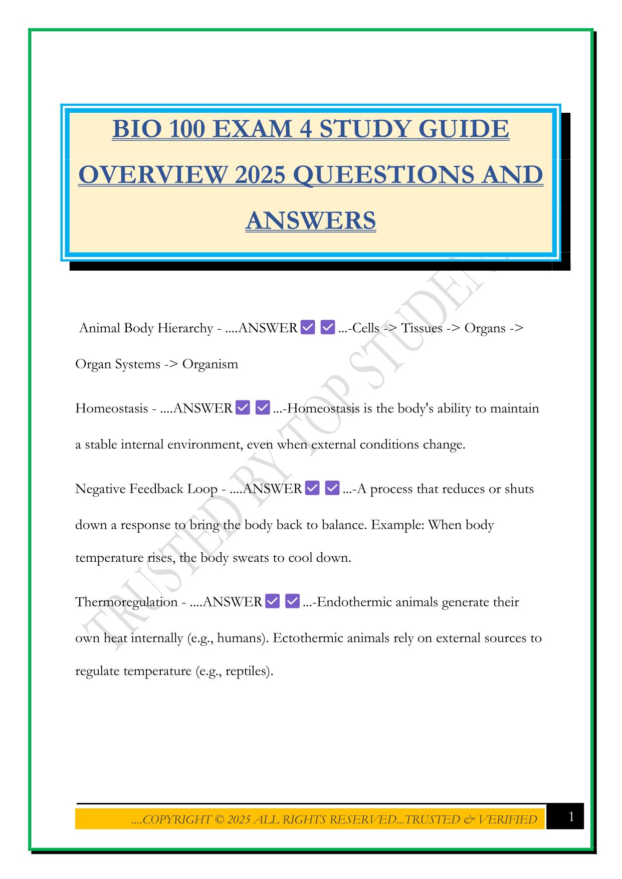BIO 100 EXAM 4 STUDY GUIDE OVERVIEW 2025 QUEESTIONS AND ANSWERS