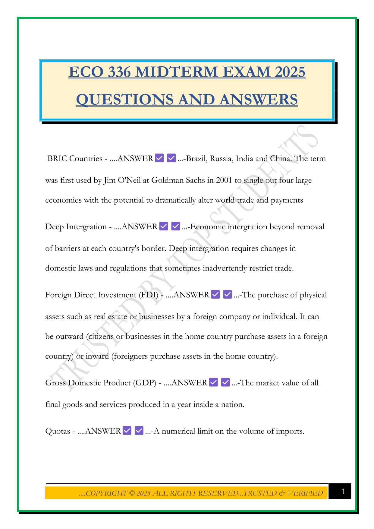 ECO 336 MIDTERM EXAM 2025 QUESTIONS AND ANSWERS