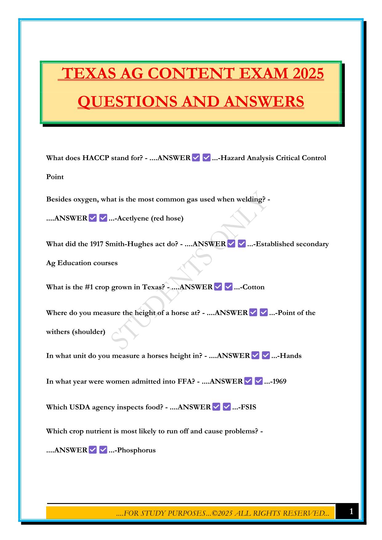 TEXAS AG CONTENT EXAM 2025 QUESTIONS AND ANSWERS