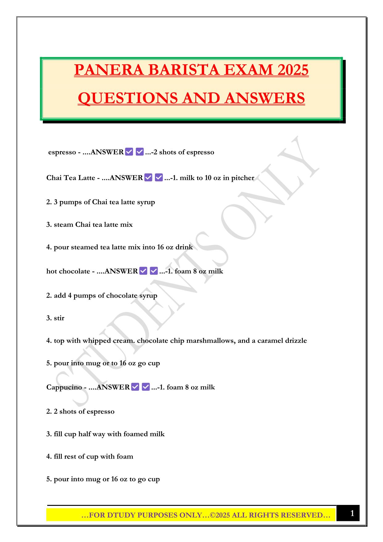 PANERA BARISTA EXAM 2025 QUESTIONS AND ANSWERS