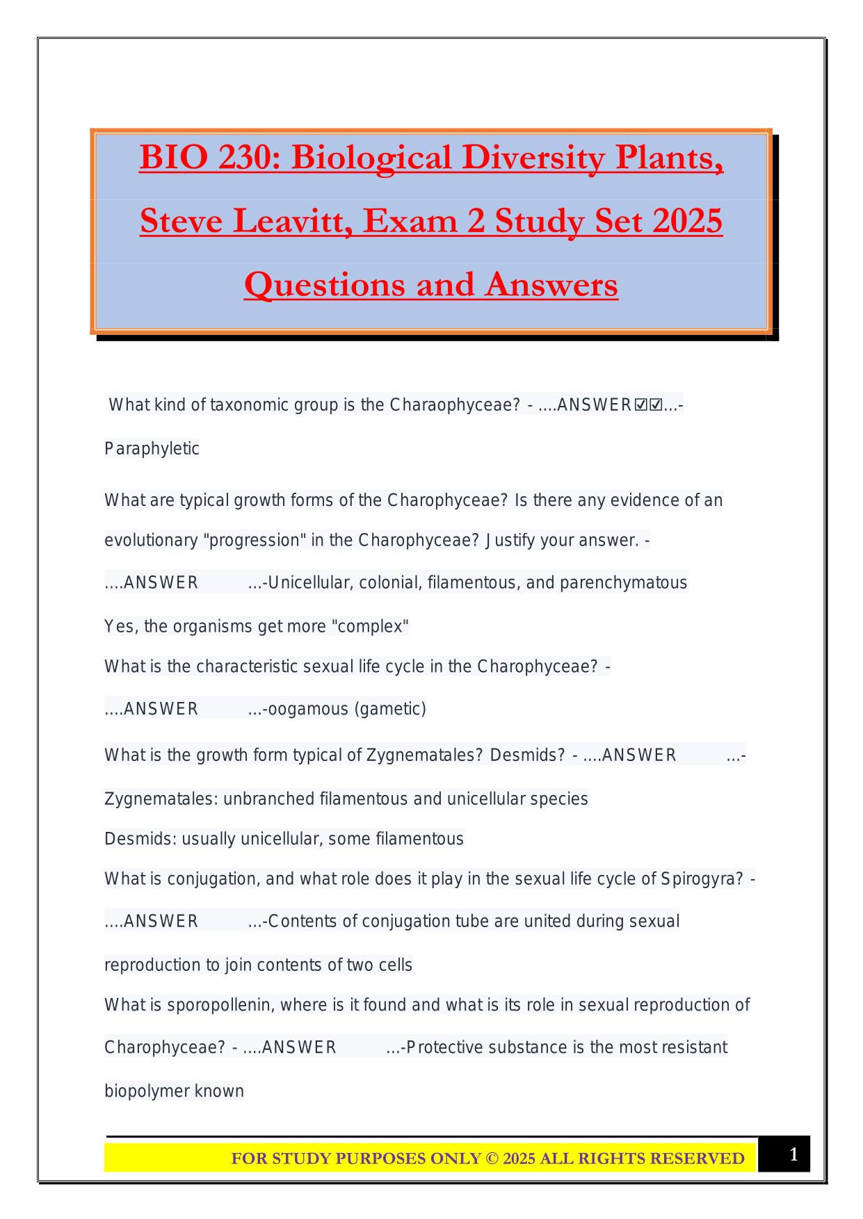 BIO 230: Biological Diversity Plants, Steve Leavitt, Exam 2 Study Set 2025 Questions and Answers
