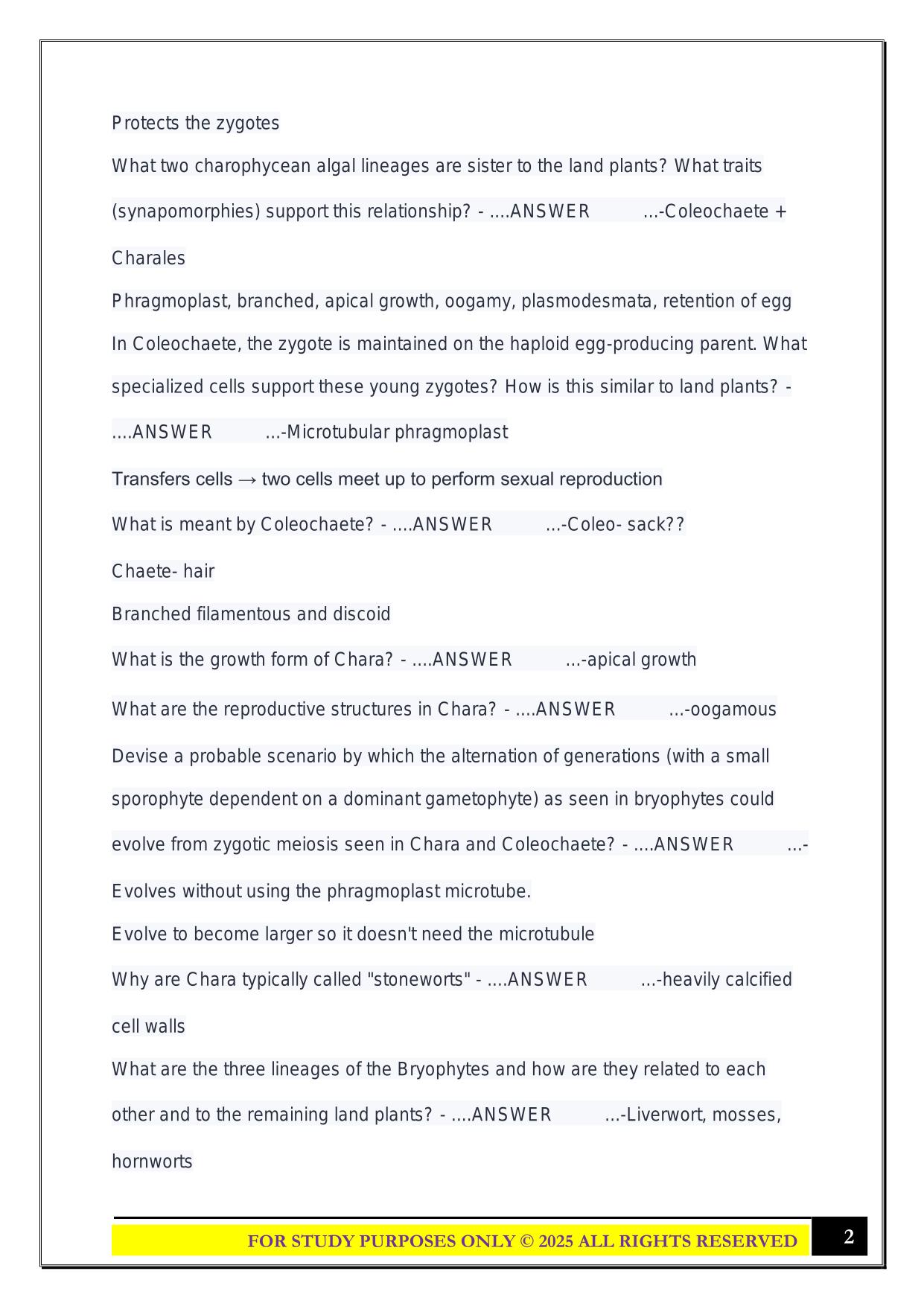 BIO 230: Biological Diversity Plants, Steve Leavitt, Exam 2 Study Set 2025 Questions and Answers