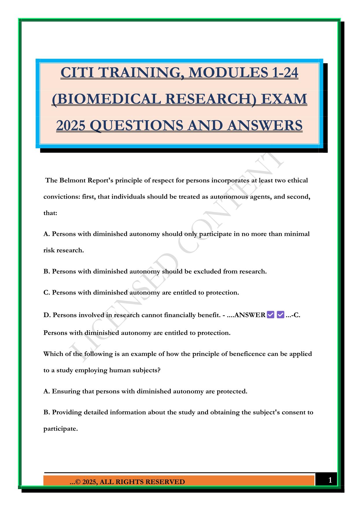 CITI TRAINING, MODULES 1-24 (BIOMEDICAL RESEARCH) EXAM 2025 QUESTIONS AND ANSWERS
