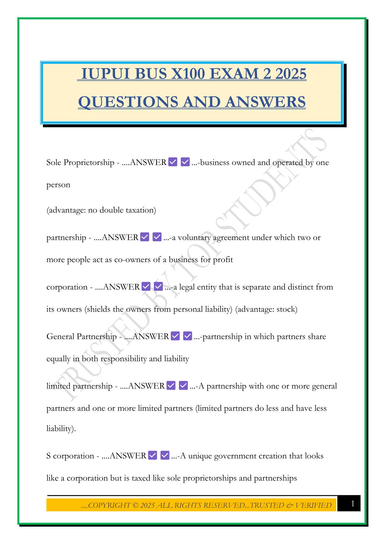 IUPUI BUS X100 EXAM 2 2025 QUESTIONS AND ANSWERS