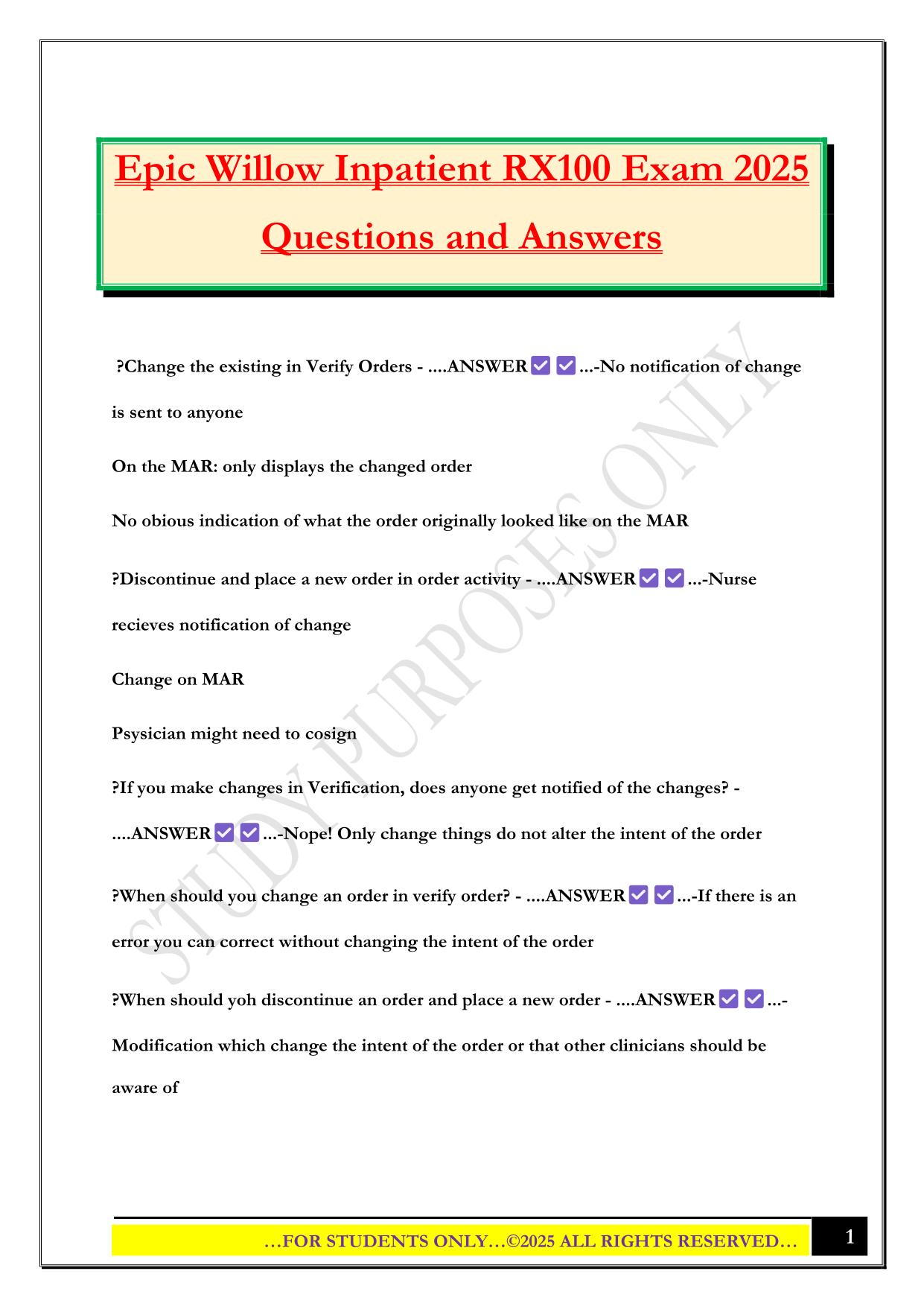 Epic Willow Inpatient RX100 Exam 2025 Questions and Answers