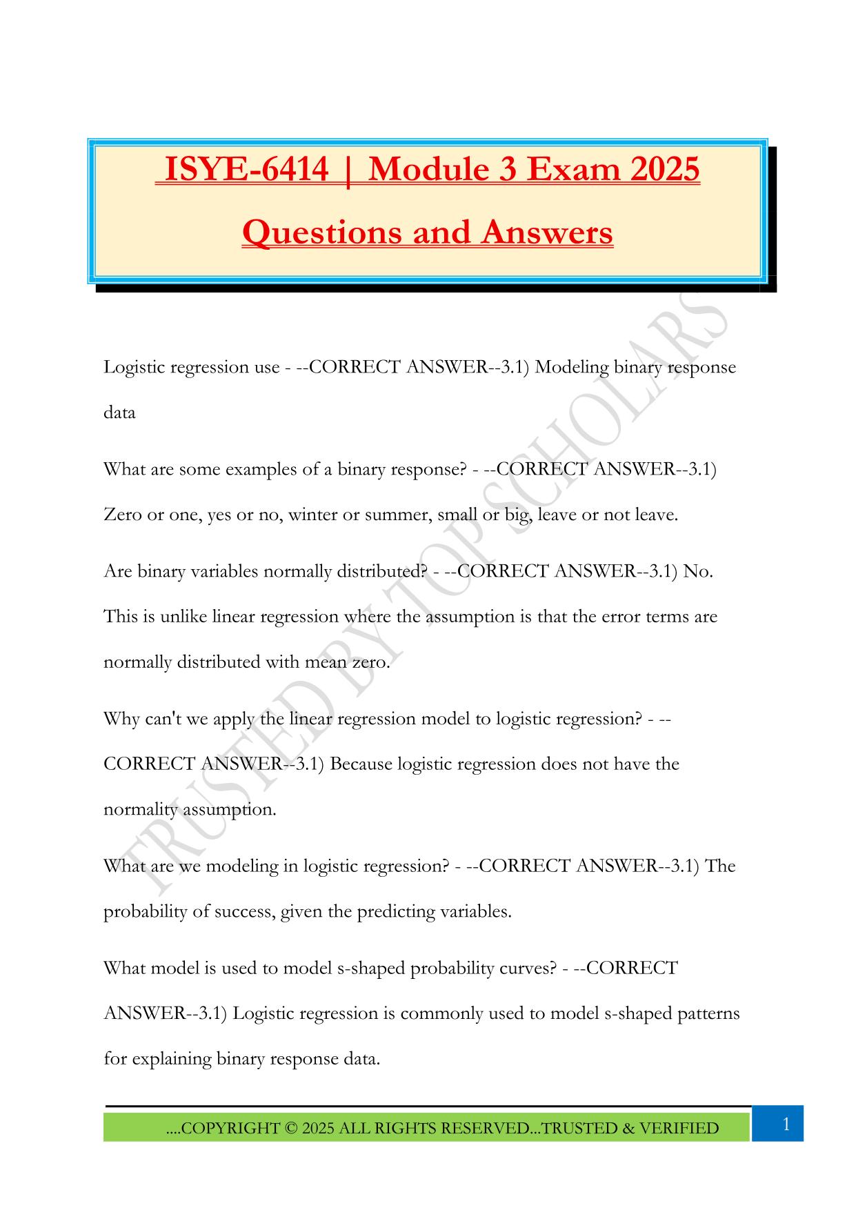 ISYE-6414 | Module 3 Exam 2025 Questions and Answers
