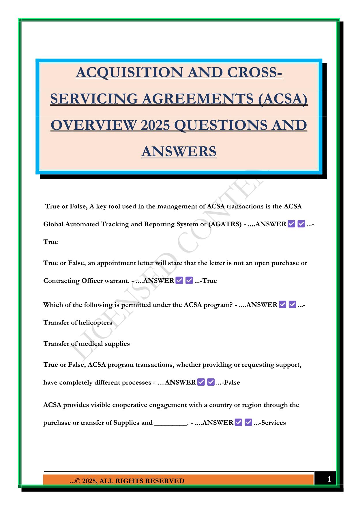 ACQUISITION AND CROSS- SERVICING AGREEMENTS (ACSA) OVERVIEW 2025 QUESTIONS AND ANSWERS
