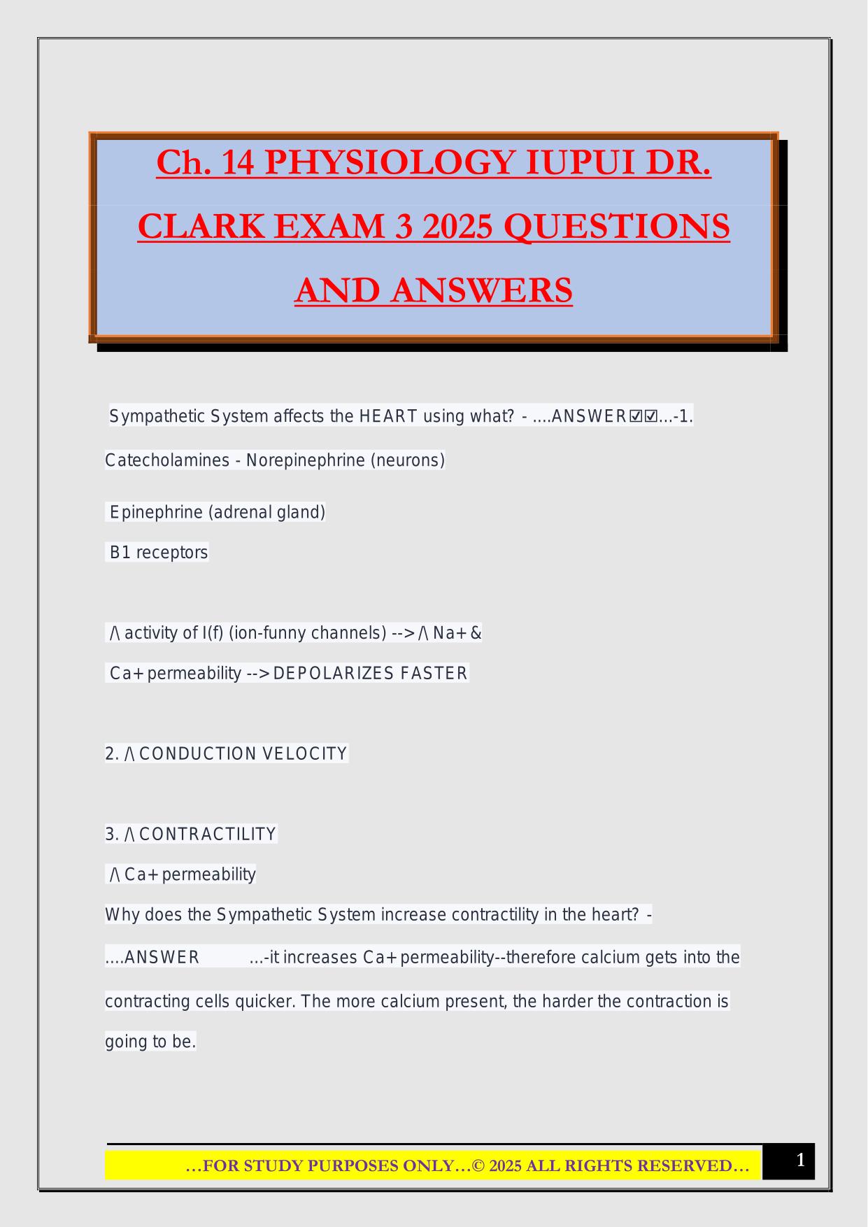 Ch. 14 PHYSIOLOGY IUPUI DR. CLARK EXAM 3 2025 QUESTIONS AND ANSWERS
