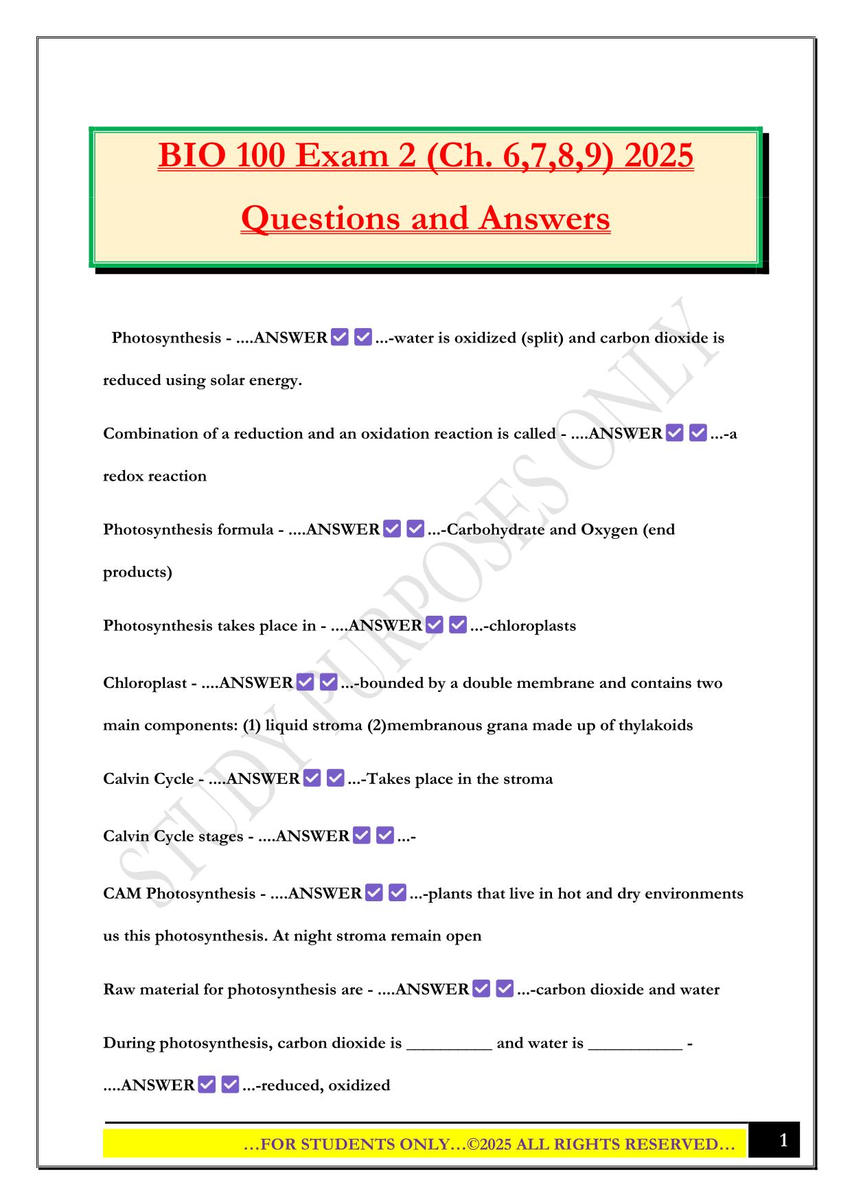 BIO 100 Exam 2 (Ch. 6,7,8,9) 2025 Questions and Answers