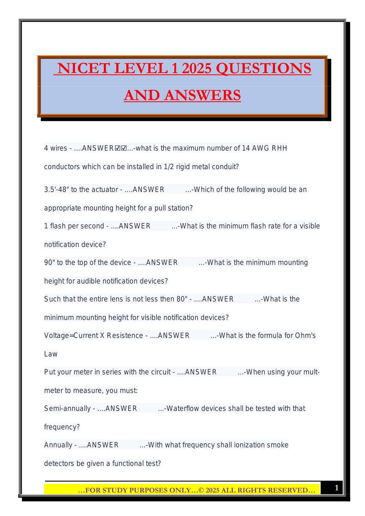 NICET LEVEL 1 2025 QUESTIONS AND ANSWERS
