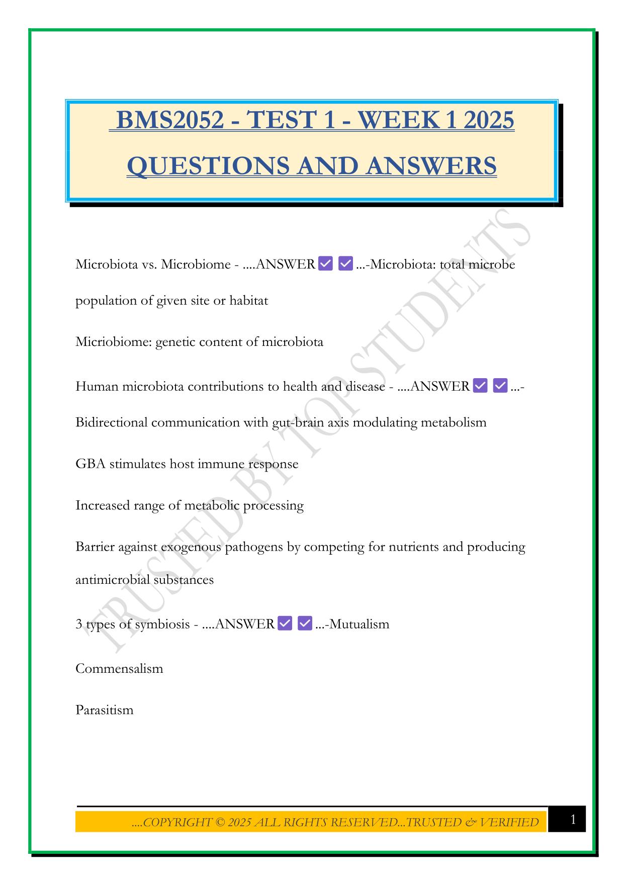 BMS2052 - TEST 1 - WEEK 1 2025 QUESTIONS AND ANSWERS
