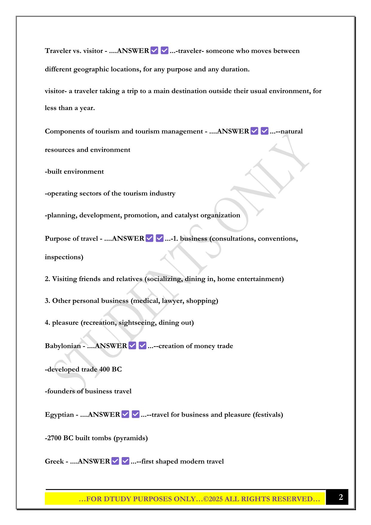 HMGT 2800: FOUNDATIONS OF INTERNATIONAL TRAVEL AND TOURISM EXAM 1 CHAPTERS 1, 2, 4, 7, 8, 9 EXAM 2025 QUESTIONS AND ANSWERS