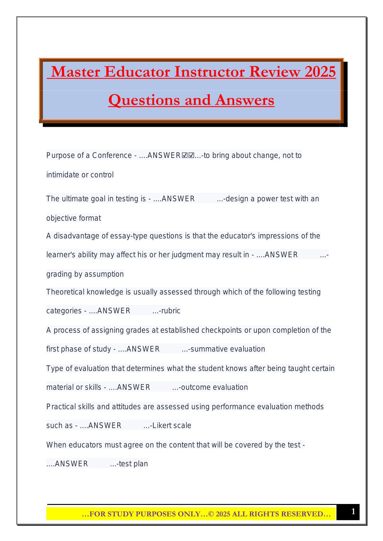 Master Educator Instructor Review 2025 Questions and Answers