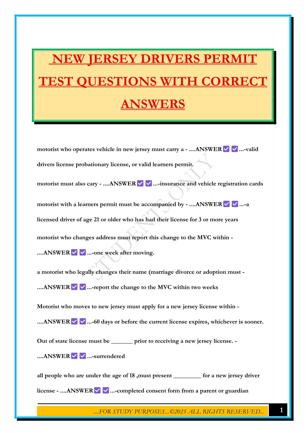 NEW JERSEY DRIVERS PERMIT TEST QUESTIONS WITH CORRECT ANSWERS