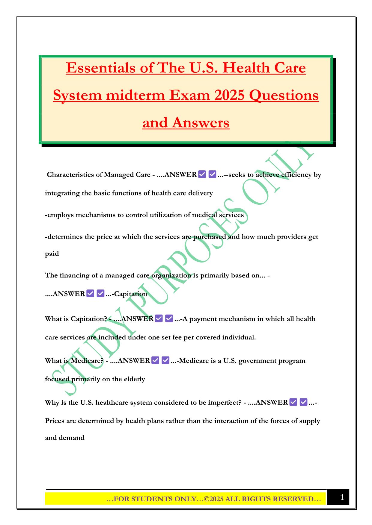 Essentials of The U.S. Health Care System midterm Exam 2025 Questions and Answers