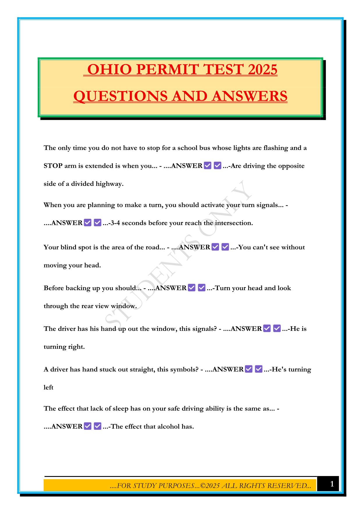 OHIO PERMIT TEST 2025 QUESTIONS AND ANSWERS