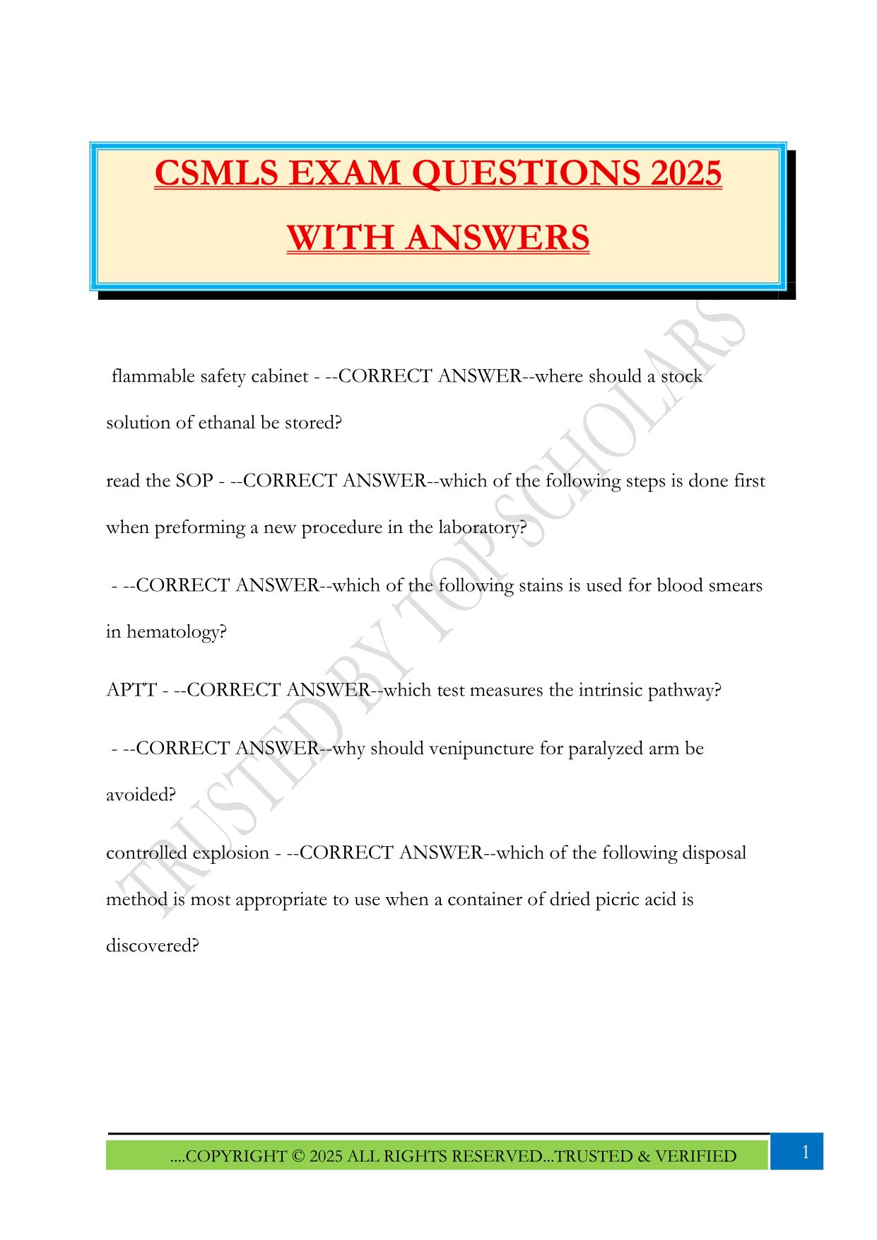 CSMLS EXAM QUESTIONS 2025 WITH ANSWERS