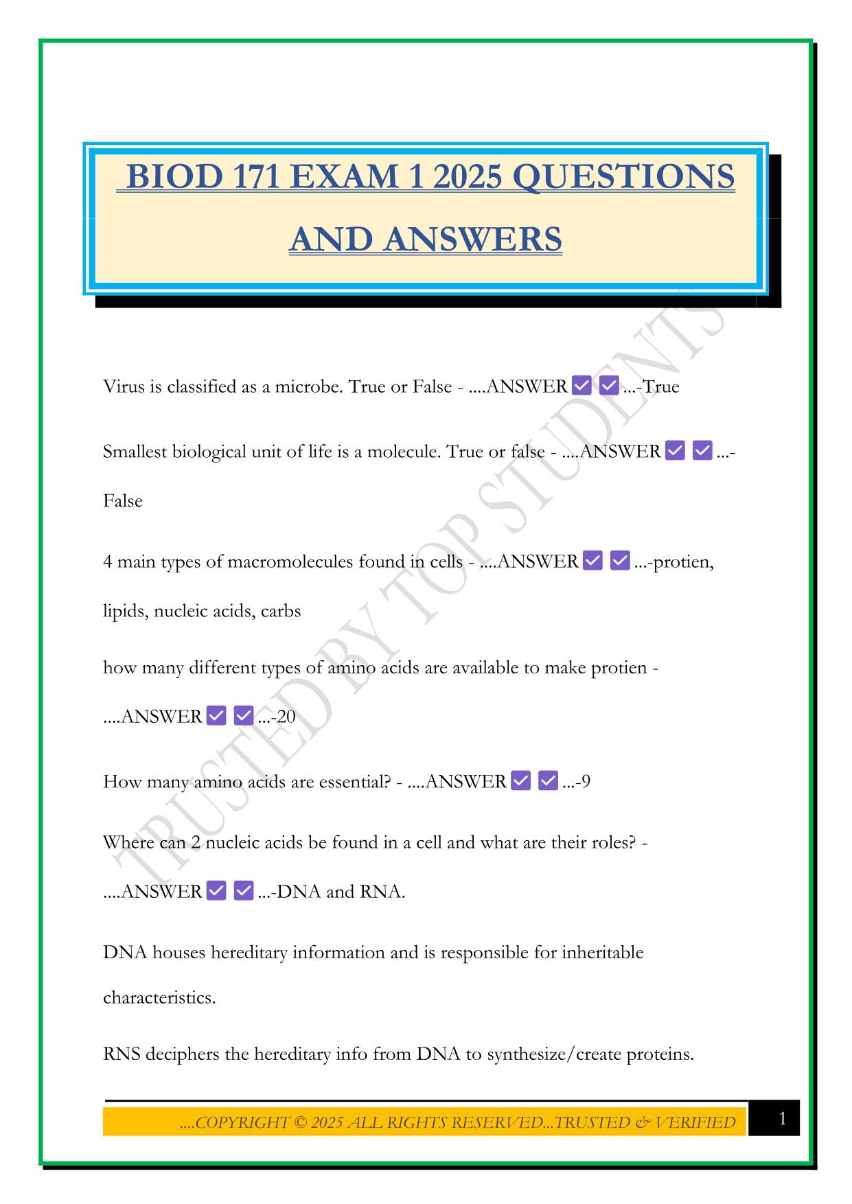 BIOD 171 EXAM 1 2025 QUESTIONS AND ANSWERS