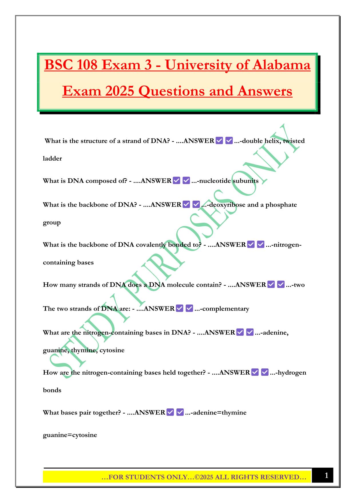 BSC 108 Exam 3 - University of Alabama Exam 2025 Questions and Answers