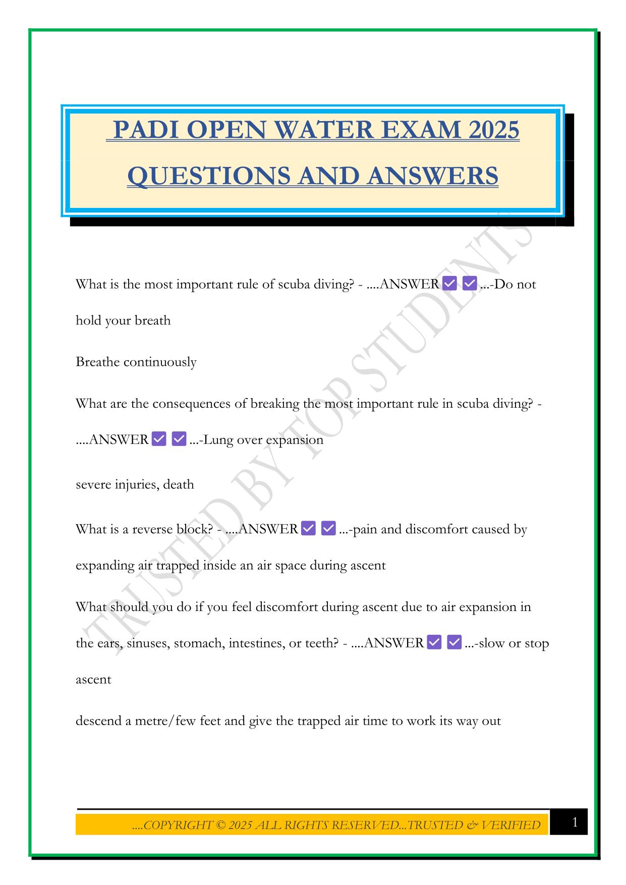 PADI OPEN WATER EXAM 2025 QUESTIONS AND ANSWERS