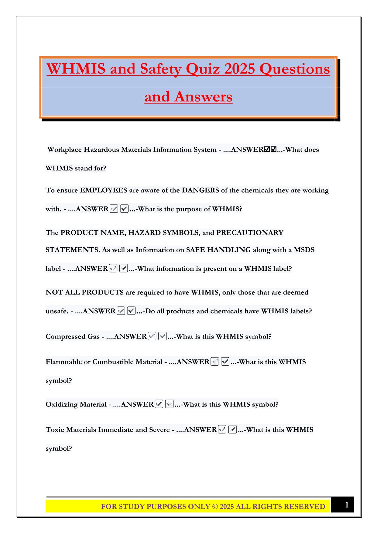 WHMIS and Safety Quiz 2025 Questions and Answers
