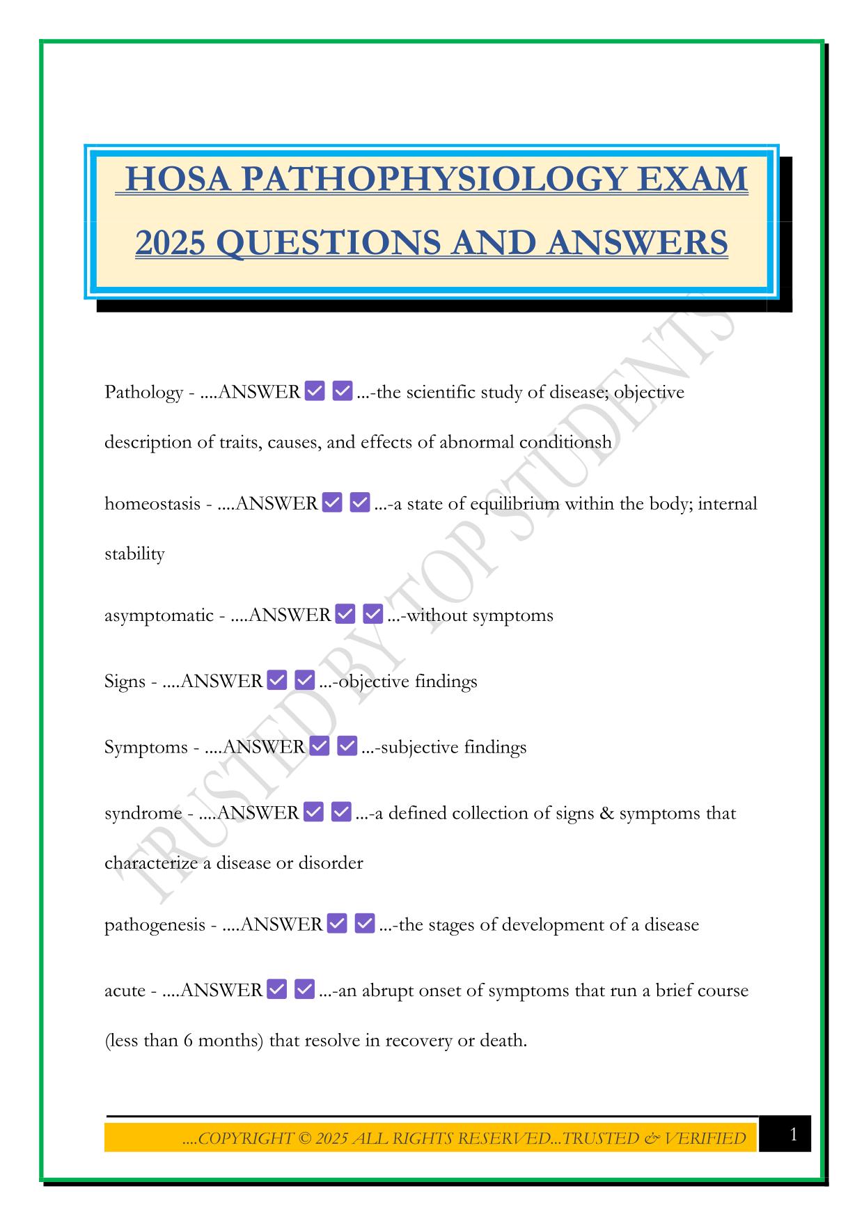 HOSA PATHOPHYSIOLOGY EXAM 2025 QUESTIONS AND ANSWERS