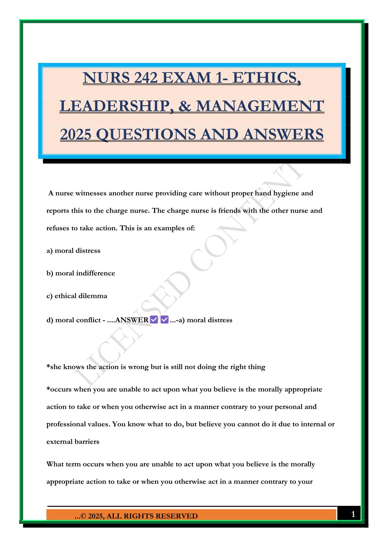 NURS 242 EXAM 1- ETHICS, LEADERSHIP, & MANAGEMENT 2025 QUESTIONS AND ANSWERS