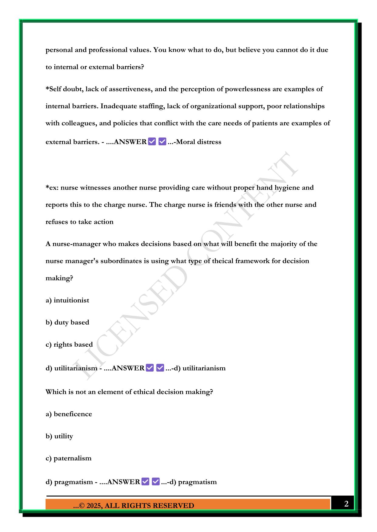 NURS 242 EXAM 1- ETHICS, LEADERSHIP, & MANAGEMENT 2025 QUESTIONS AND ANSWERS