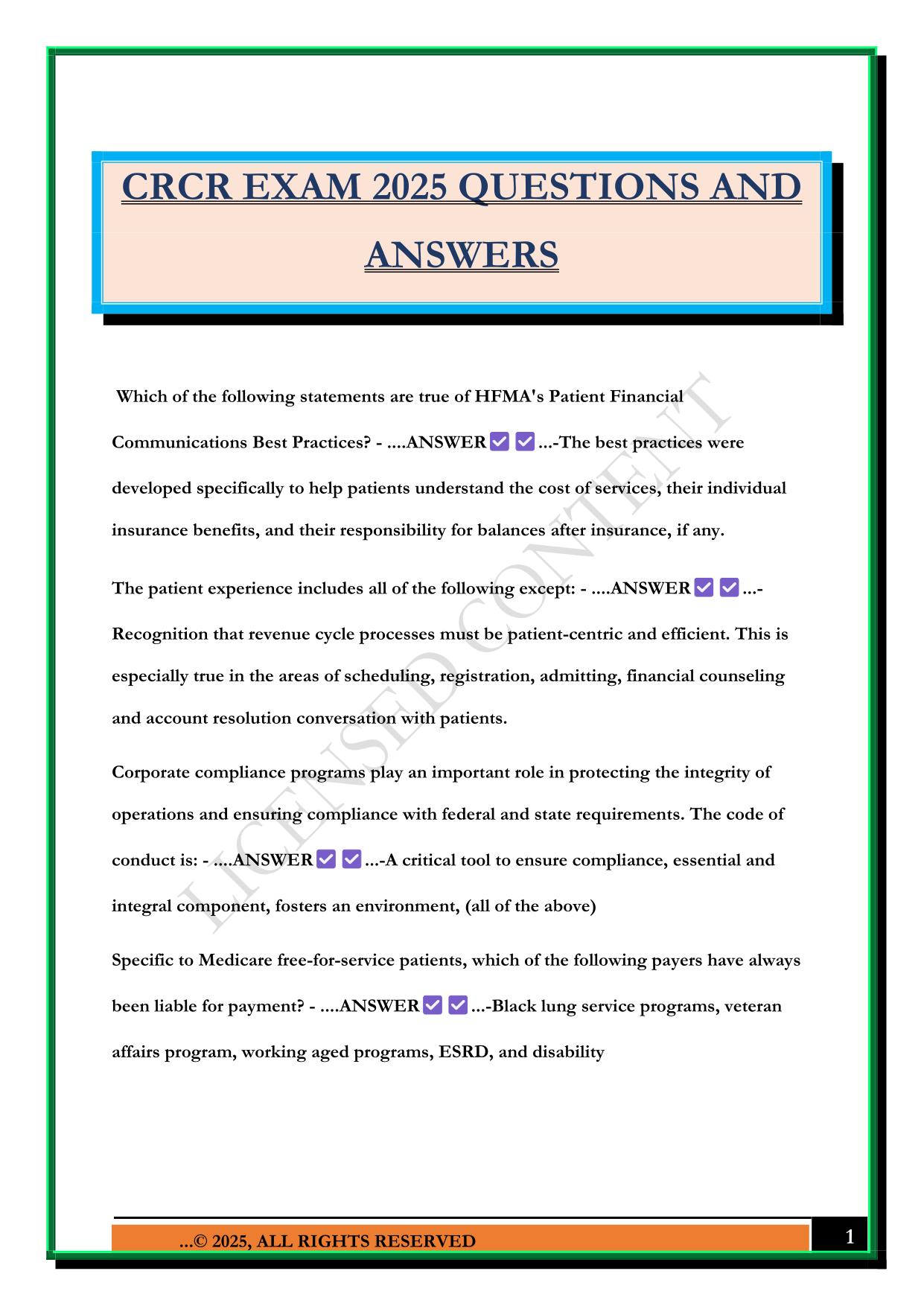 CRCR EXAM 2025 QUESTIONS AND ANSWERS
