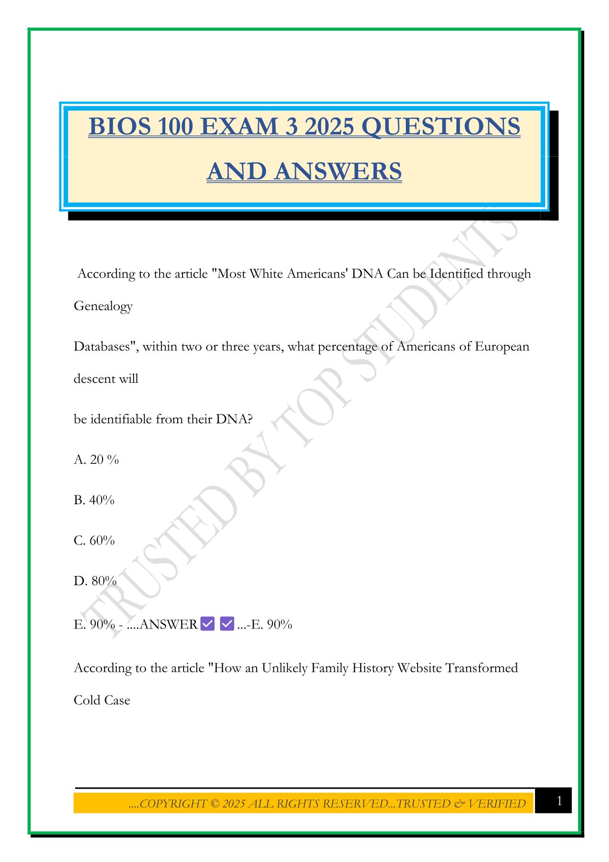 BIOS 100 EXAM 3 2025 QUESTIONS AND ANSWERS