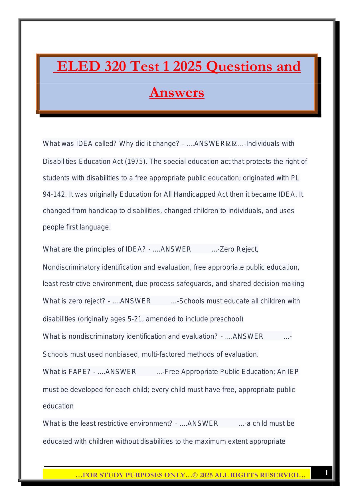ELED 320 Test 1 2025 Questions and Answers