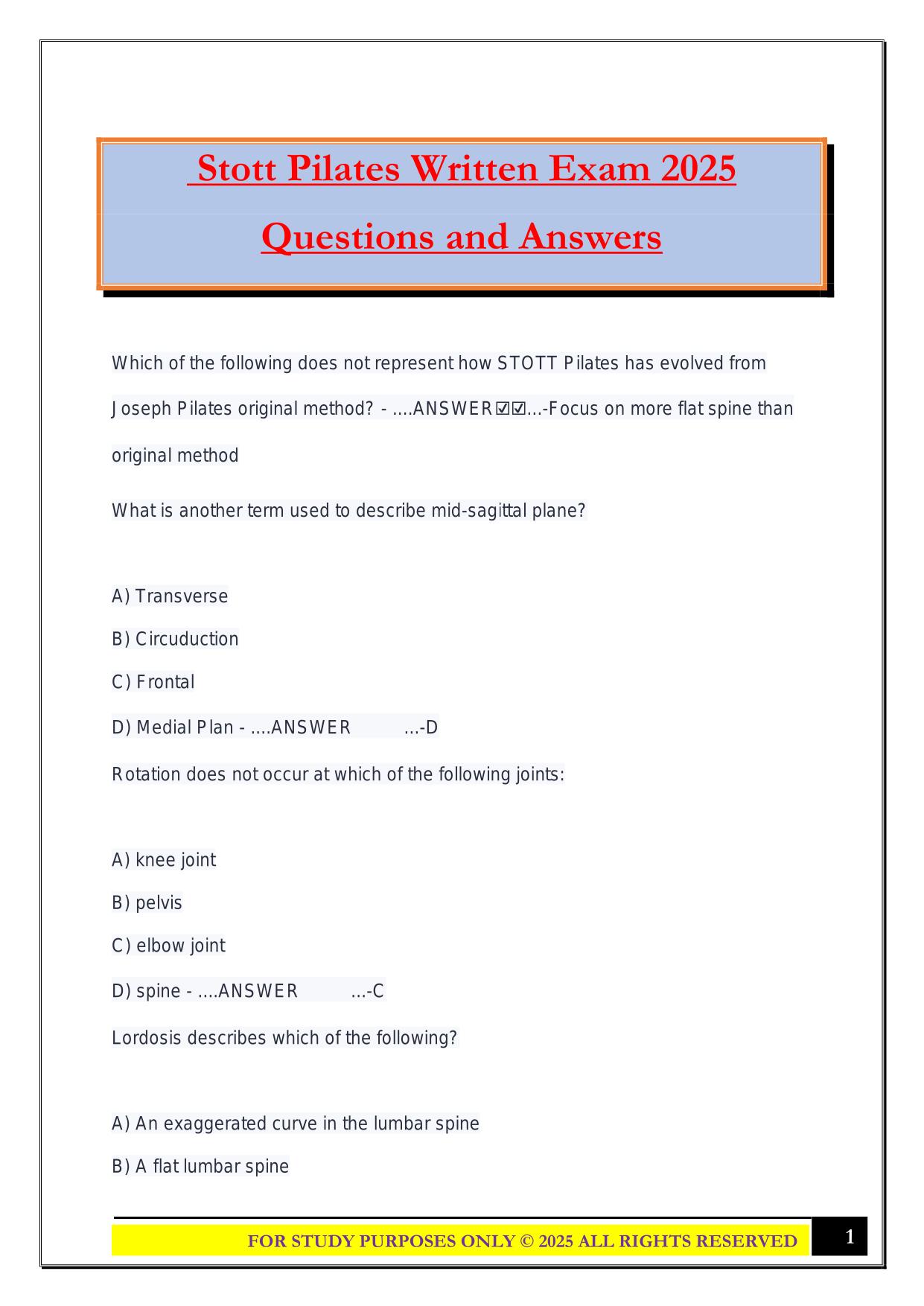 Stott Pilates Written Exam 2025 Questions and Answers