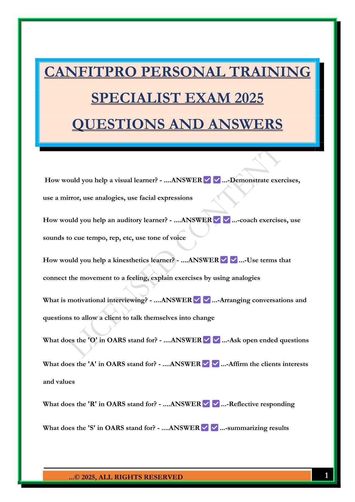 CANFITPRO PERSONAL TRAINING SPECIALIST EXAM 2025 QUESTIONS AND ANSWERS