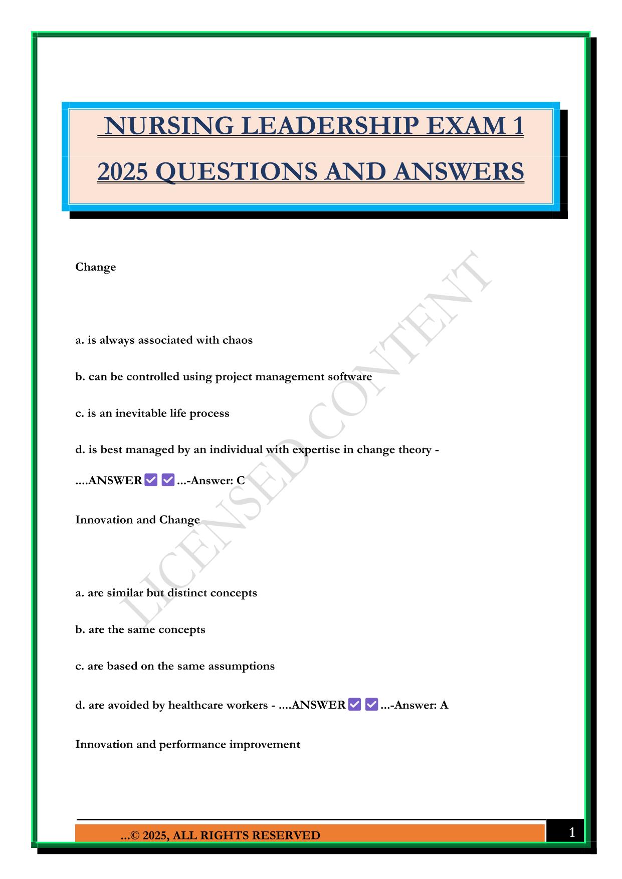 NURSING LEADERSHIP EXAM 1 2025 QUESTIONS AND ANSWERS