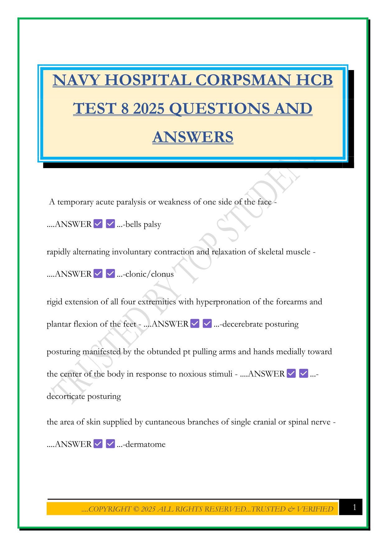 NAVY HOSPITAL CORPSMAN HCB TEST 8 2025 QUESTIONS AND ANSWERS