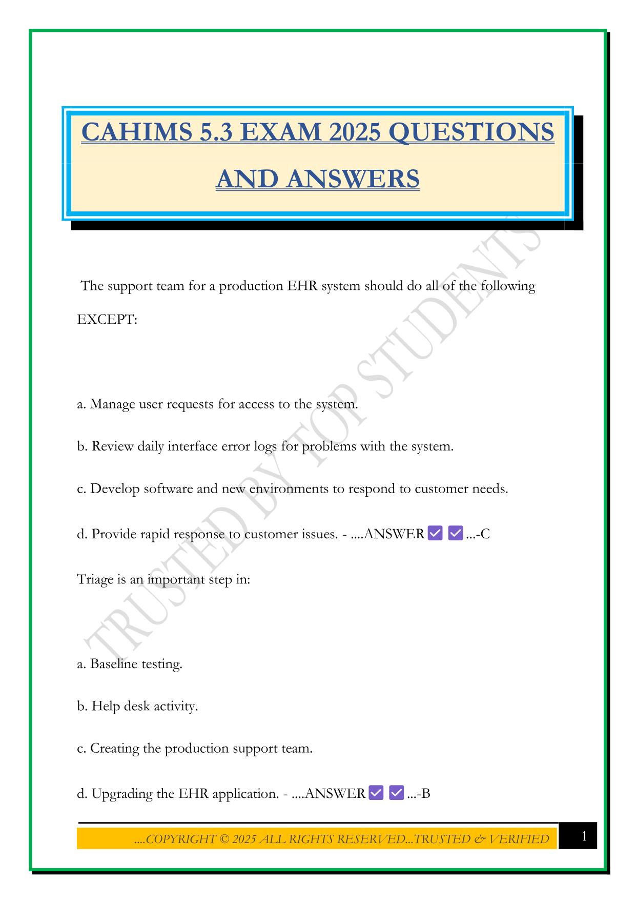 CAHIMS 5.3 EXAM 2025 QUESTIONS AND ANSWERS