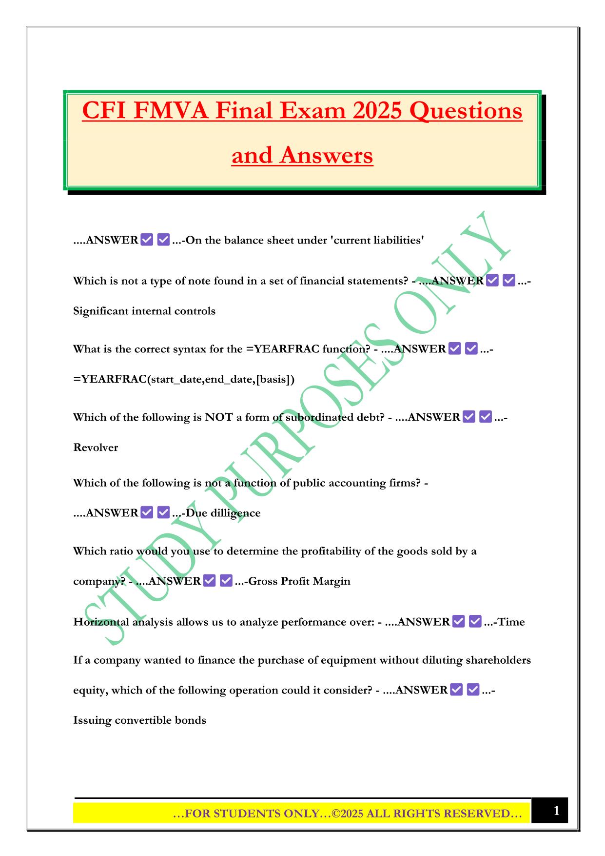CFI FMVA Final Exam 2025 Questions and Answers