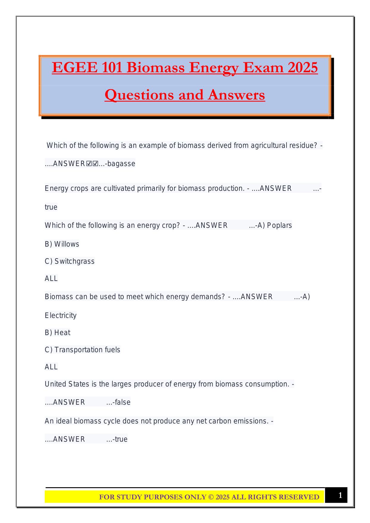 EGEE 101 Biomass Energy Exam 2025 Questions and Answers
