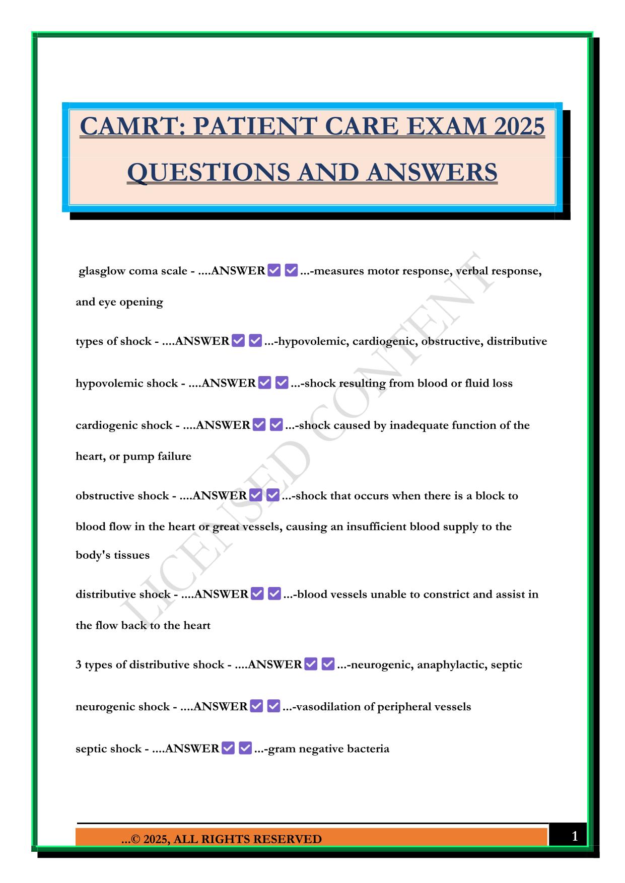 CAMRT: PATIENT CARE EXAM 2025 QUESTIONS AND ANSWERS