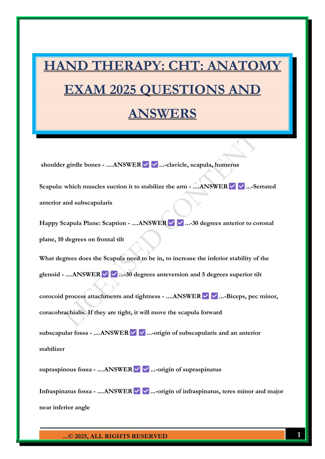 HAND THERAPY: CHT: ANATOMY EXAM 2025 QUESTIONS AND ANSWERS