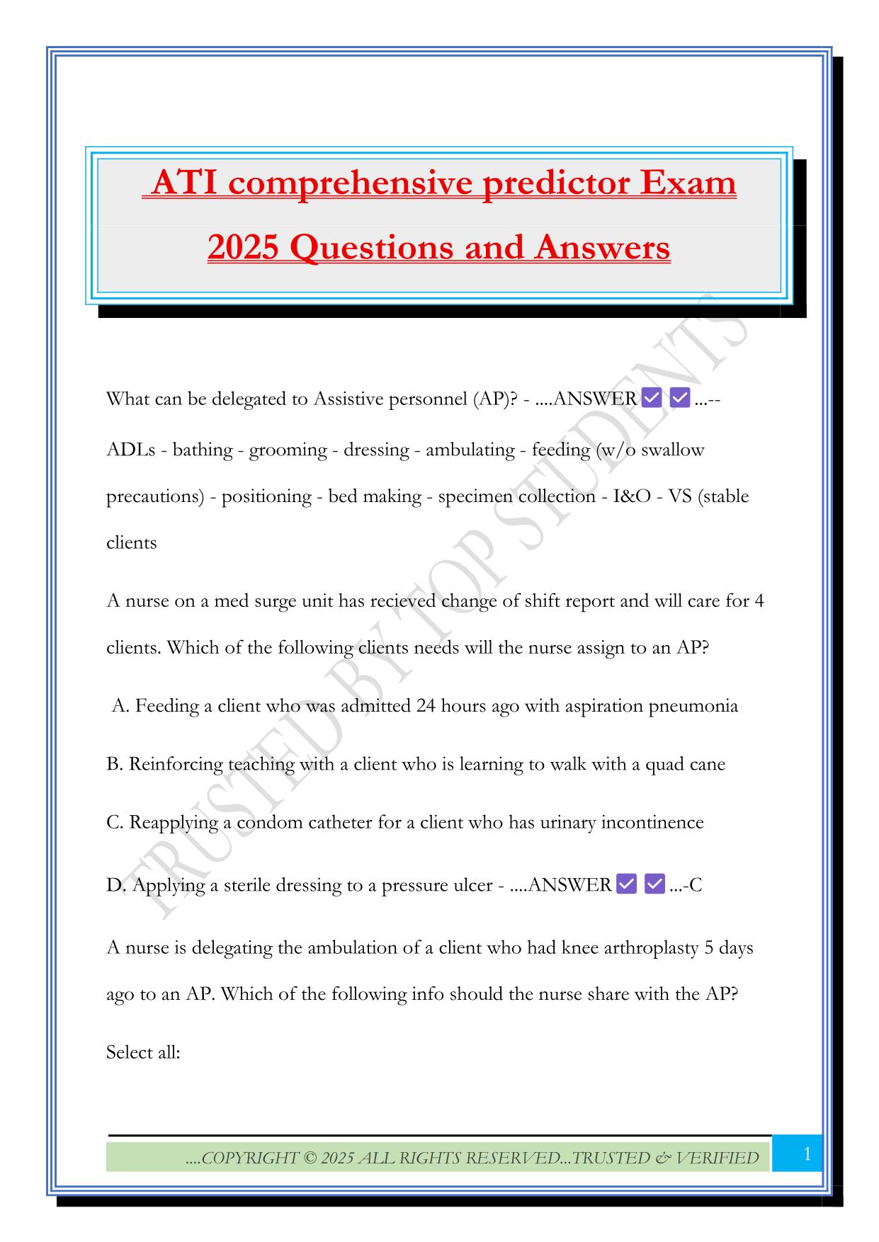 ATI comprehensive predictor Exam 2025 Questions and Answers