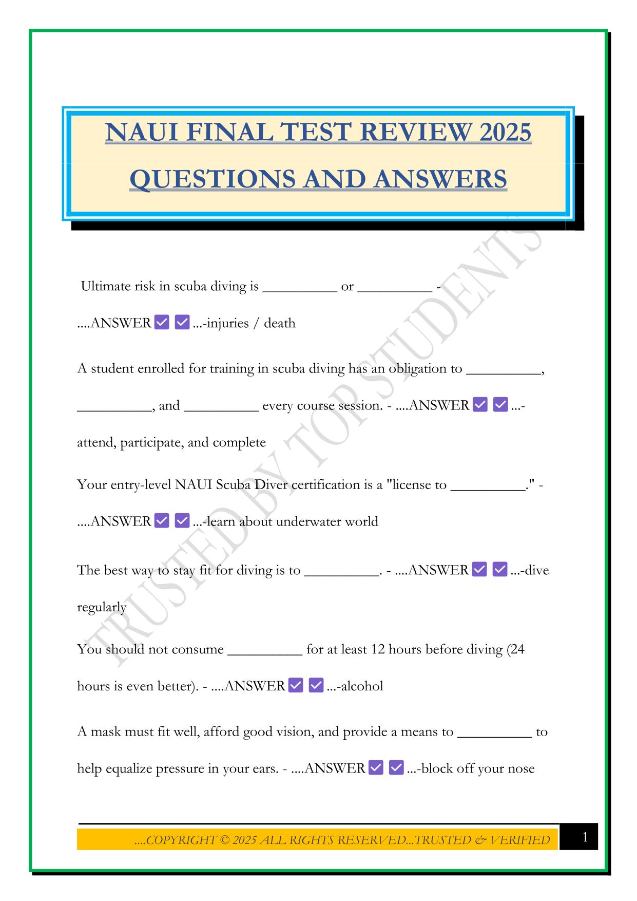 NAUI FINAL TEST REVIEW 2025 QUESTIONS AND ANSWERS